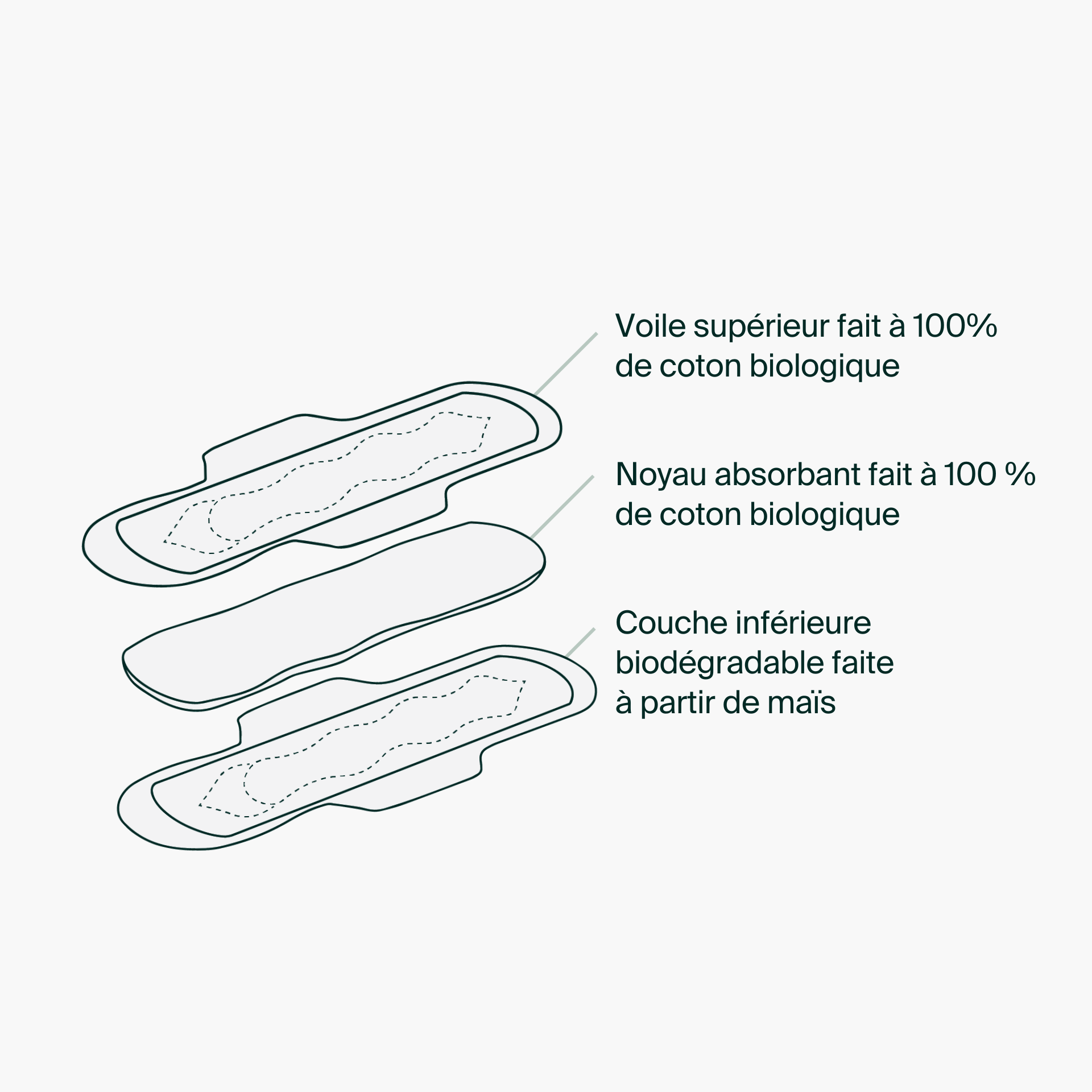 Diagram of a sanitary pad with biological cotton layers and biodegradable maize layer on a white background.