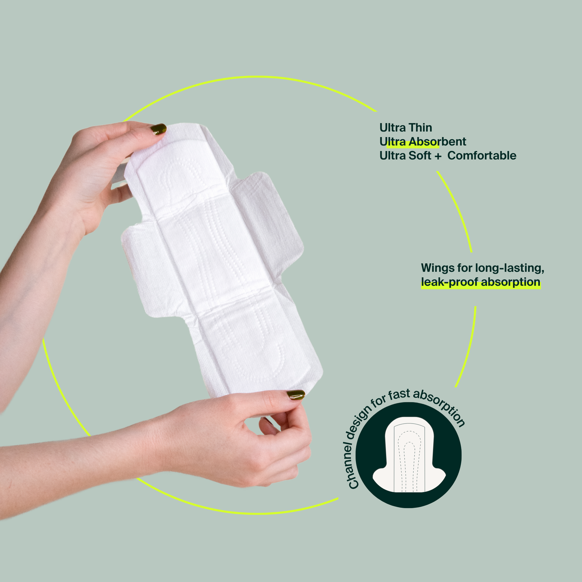 Person holding a white sanitary pad with text highlighting features on a light green background