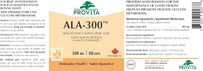 Acide alpha-lipoïque ALA-300, 60 gélules - Provita