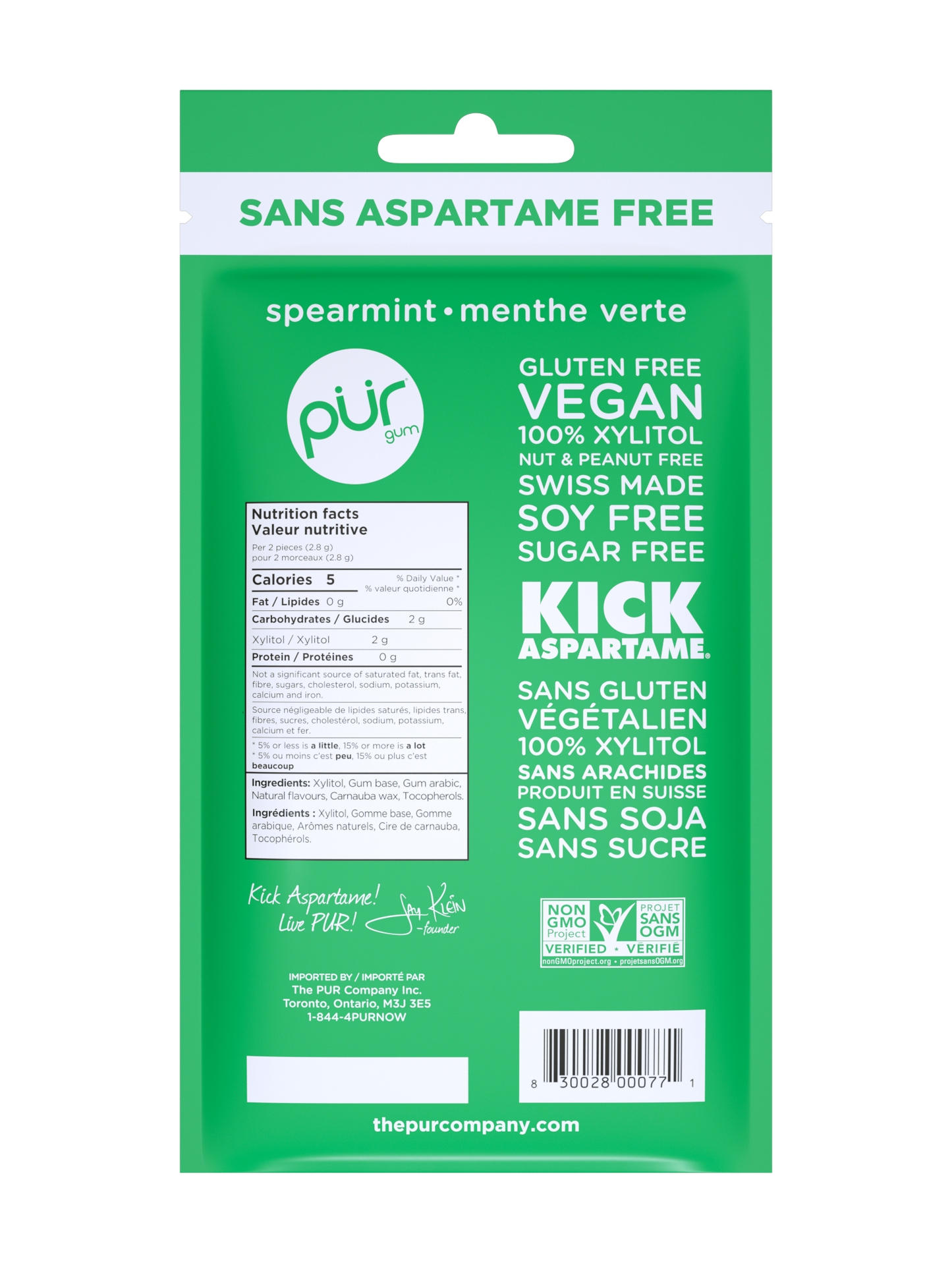 Gum Bag - Spearmint, 55ct, 12/tray - The Pur Company
