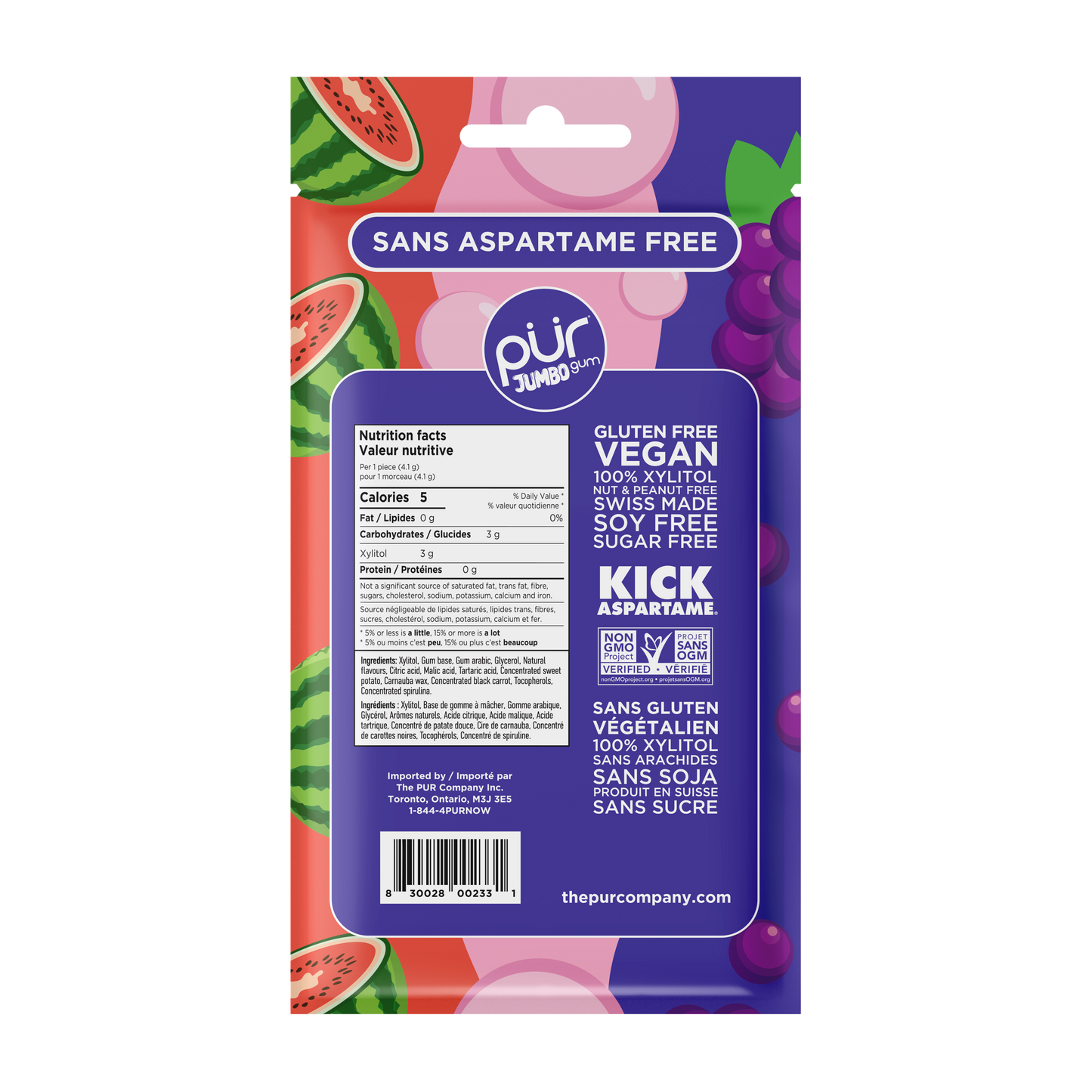 Jumbo Gum - Grape, Bubblegum & Watermelon, 20ct, 10/tray - The Pur Company