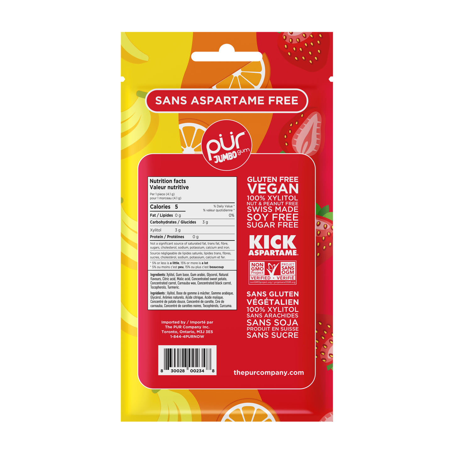 Jumbo Gum - Strawberry, Banana & Orange, 20ct, 10/tray - The Pur Company